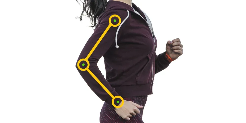 Side view of a runner's arm with shoulder, elbow and wrist markers, the elbow bent at about 90°