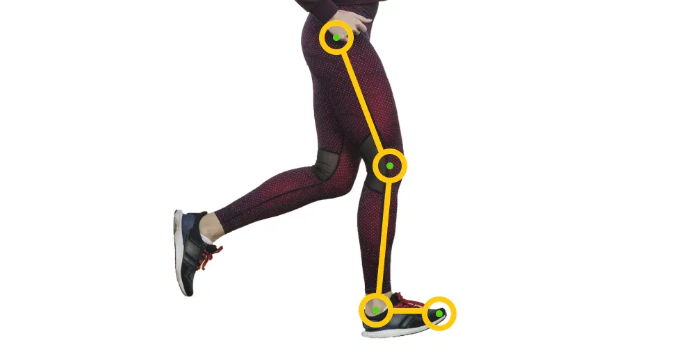 Side view of a runner's front leg landing with the foot under the hip, a line running from hip through knee to foot